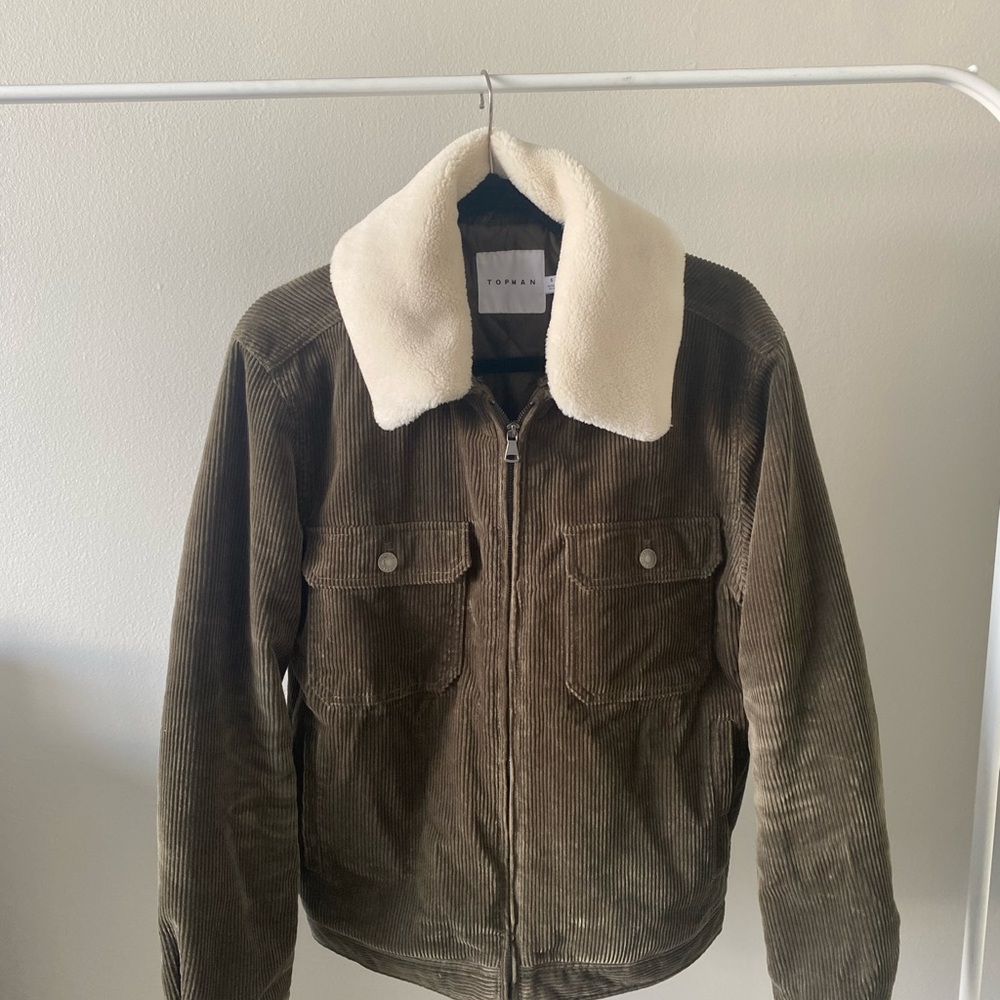 Corduroy Olive Green Trucker Jacket with Removable Collar